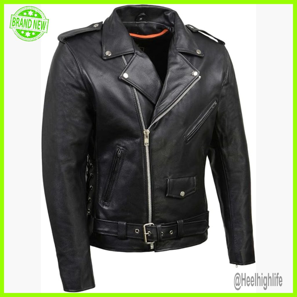 Men's Classic Leather Motorcycle Jacket With Removable Liner And Side Laces